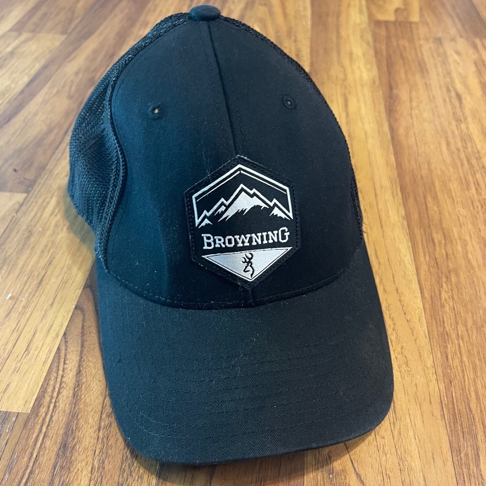 Browning Trucker Hat Mens OSFA Black Mesh Snapback Mountain Patch 110 Flexfit
